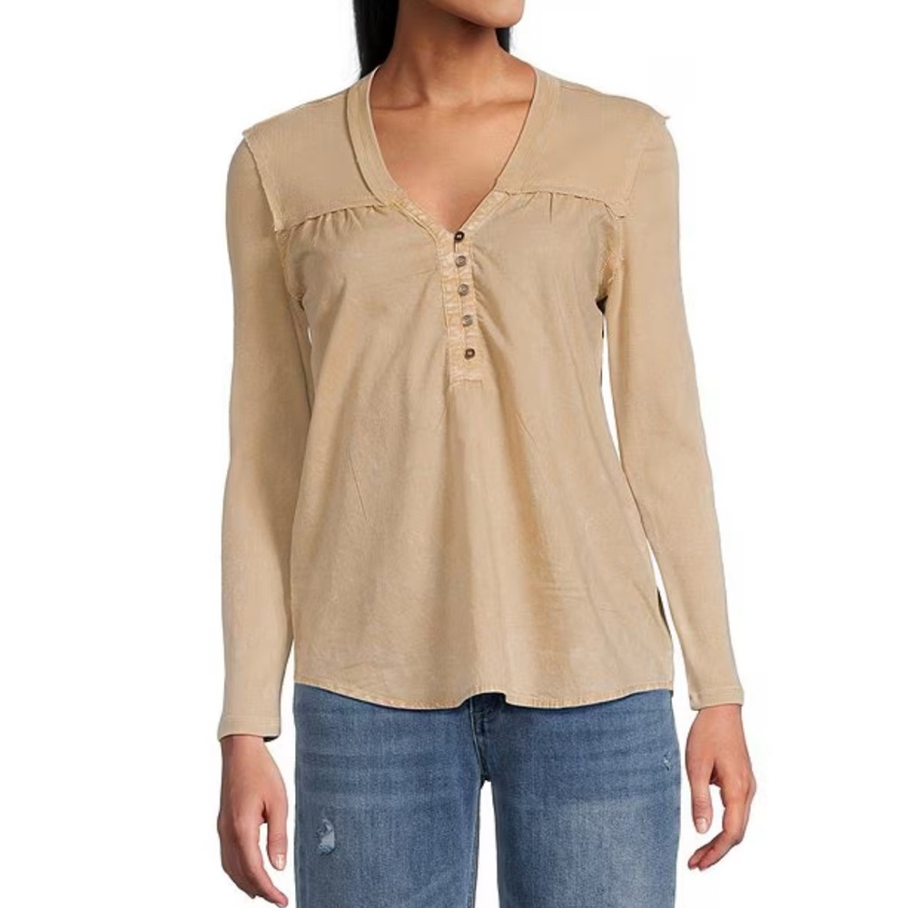 Reba Woven Voile Knit Rib Henley V-Neck Long Sleeve Trapeze Top